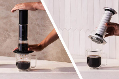 AeroPress Premium in black and white, being used to make coffee