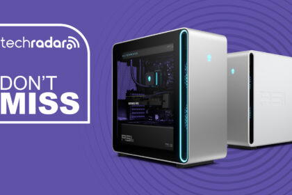 Alienware Area-51 gaming pc on purple background with don't miss text overlay