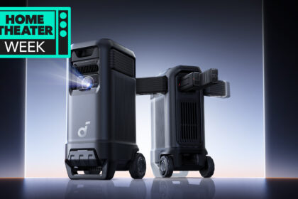 The Soundcore X1 Pro projector, showing its front and rear, with removable speakers