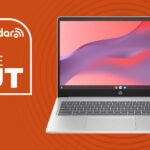 HP Chromebook Laptop 15a in silver on orange background with TechRadar price cut sign