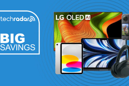 An LG OLED TV, MacBook, iPad, Sony headphones and Insta 360 camera on a blue background