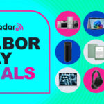 Collage of tech from the Best Buy Labor Day sale, including appliances, laptops, TVs, headphones, and phones, next to the TechRadar Labor Day deals logo