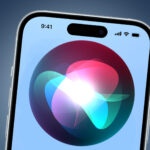 An iPhone on a blue background showing the Siri logo