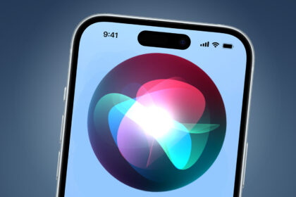 An iPhone on a blue background showing the Siri logo