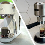 Split image of De'Longhi Dedica Duo and De'Longhi Dedica Style coffee machines