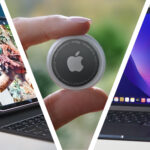 An iPad Pro next to a hand holding an Apple AirTag and a MacBook Pro on a table