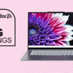 Lenovo yoga slim 7i aura edition laptop on pink background with big savings text overlay