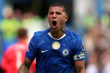 Enzo Fernandez of Chelsea celebrates scoring his team's second goal from the penalty spot during the Premier League match between Chelsea and Fulham at Stamford Bridge on August 30, 2025 in London, England.