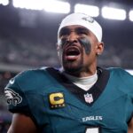 Jalen Hurts #1 of the Philadelphia Eagles reacts in the end zone prior to the game against the Dallas Cowboys at Lincoln Financial Field on September 04, 2025 in Philadelphia, Pennsylvania.