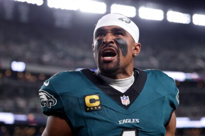 Jalen Hurts #1 of the Philadelphia Eagles reacts in the end zone prior to the game against the Dallas Cowboys at Lincoln Financial Field on September 04, 2025 in Philadelphia, Pennsylvania.