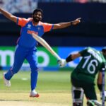 Jasprit Bumrah bowls Rizwan of Pakistan in the 2024 ICC T20 Cricket World Cup match between India and Pakistan.