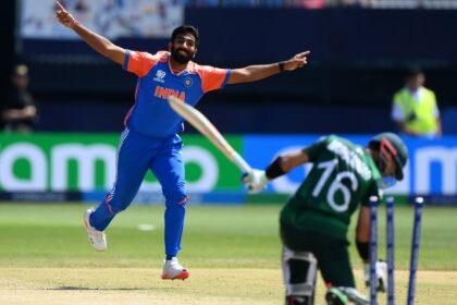 Jasprit Bumrah bowls Rizwan of Pakistan in the 2024 ICC T20 Cricket World Cup match between India and Pakistan.