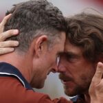 Tommy Fleetwood and Justin Rose of Team Europe celebrate on the 16th hole green after defeating Scottie Scheffler and Bryson DeChambeau of Team United States, 3&amp;2, during the Saturday afternoon four-balls matches of the 2025 Ryder Cup at Black Course at Bethpage State Park Golf Course on September 27, 2025 in Farmingdale, New York.