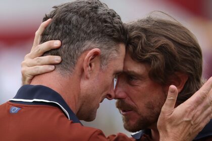 Tommy Fleetwood and Justin Rose of Team Europe celebrate on the 16th hole green after defeating Scottie Scheffler and Bryson DeChambeau of Team United States, 3&amp;2, during the Saturday afternoon four-balls matches of the 2025 Ryder Cup at Black Course at Bethpage State Park Golf Course on September 27, 2025 in Farmingdale, New York.