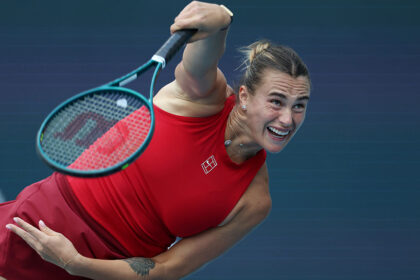 Aryna Sabalenka of Belarus serves during a match of the Miami Open in March 2025