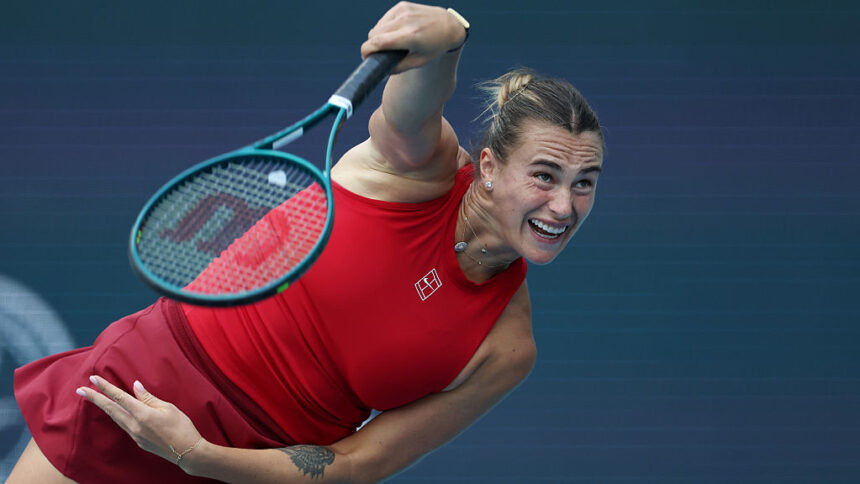 Aryna Sabalenka of Belarus serves during a match of the Miami Open in March 2025