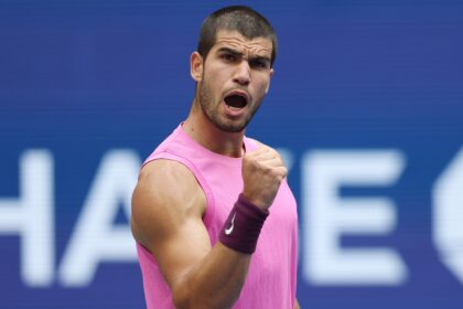 Carlos Alcarez celebrating in his win over Novak Djokovic in the semi-final of the US Open 2025