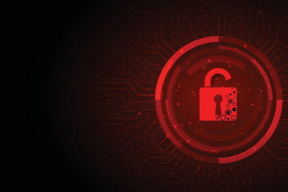 Red padlock open on electric circuits network dark red background