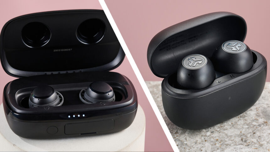 The image has been split in two, with the Tribit FlyBuds 3 on the left, and the JLab Go Pop ANC on the right.