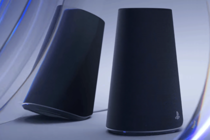 Sony Pulse Elevate speakers in black against a swirly blue background