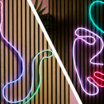 This split image shows the Nanoleaf rope light in the shape of a cat on the left, and the Govee rope light in the shape of a woman's face on the right.