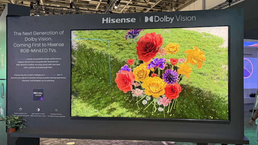 A Hisense TV showing Dolby Vision 2 footage, with the Dolby Vision logo