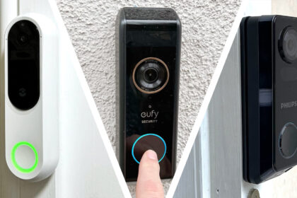 Montage of three video doorbells mounted beside doors