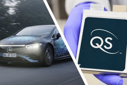 A Mercedes-Benz EQS car next to a QuantumScape solid-state battery