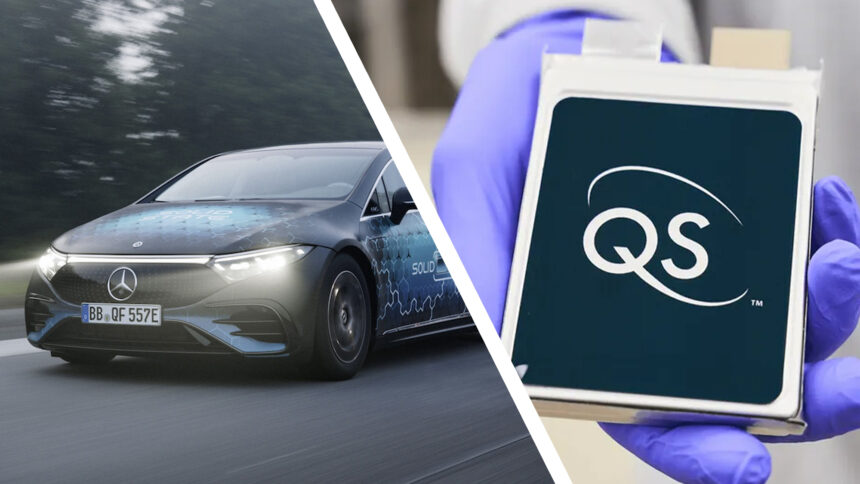 A Mercedes-Benz EQS car next to a QuantumScape solid-state battery