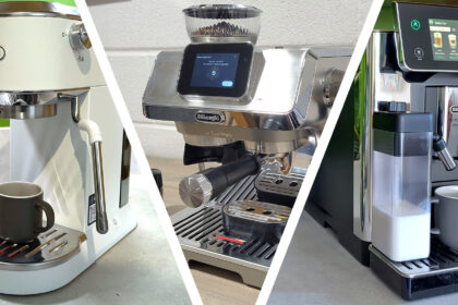 Split image of three De'Longhi coffee machines