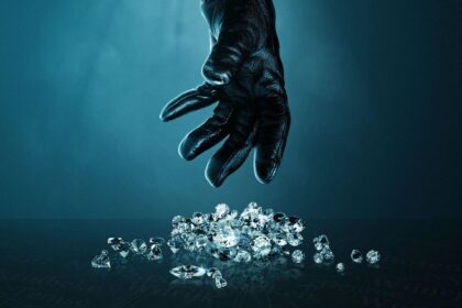 A gloved hand reaches towards a pile of diamonds