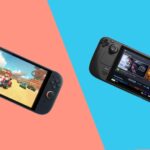 The Nintendo Switch 2 and the Steam Deck side by side on a background diagonally divided into peach and blue.