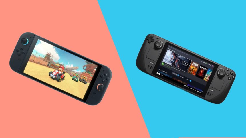 The Nintendo Switch 2 and the Steam Deck side by side on a background diagonally divided into peach and blue.