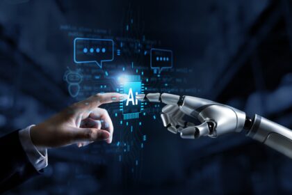 Hands of robot and human connect artificial intelligence AI circuit board to virtual smart chatbot with a command for automation generate, learning technology artificial intelligence machine, AI.