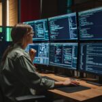 Female Programmer Coding on Desktop Computer With Six Displays in Dark Office