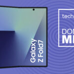 Samsung Galaxy Z Fold 7 blue shadow on purple background with TechRadar don't miss text
