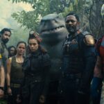 Members of The Suicide Squad looking back at an off-camera Polka Dot Man in their 2021 DC comic book movie