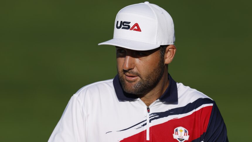 Scottie Scheffler of Team United States looks across the practice range prior to the Ryder Cup 2025 at Black Course at Bethpage State Park Golf Course on September 22, 2025 in Farmingdale, New York.