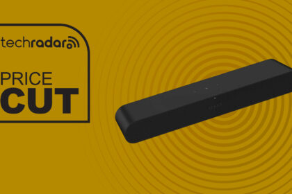 Sonos Ray sound bar for TV in black on yellow background with TechRadar price cut sign