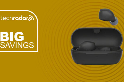 The Sony WF-C710N Earbuds on a yellow background with text saying Big Savings.