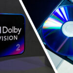 The logo for Dolby Vision 2, and a photo of a Blu-ray disc in a player