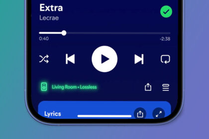 A phone on a green and purple background showing the Spotify Lossless mode