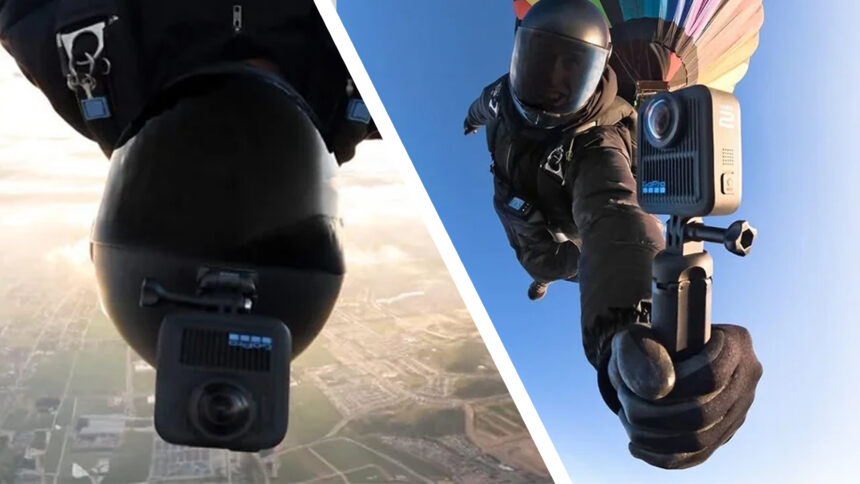 Two photos of skydivers using the GoPro Max 2 action cam