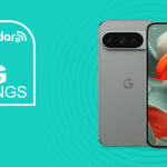 Google Pixel 9 on blue background with big savings text overlay