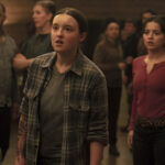 Ellie and Dina staring at an off-camera Joel in The Last of Us season 2 episode 1