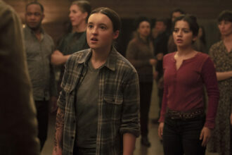 Ellie and Dina staring at an off-camera Joel in The Last of Us season 2 episode 1