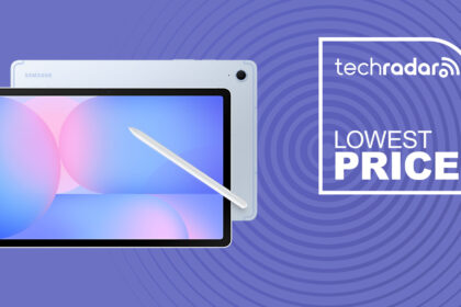 Samsung Galaxy Tab S10 FE in light blue with S Pen on purple background with TechRadar lowest price sign