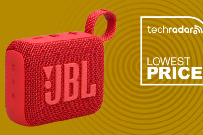 JBL Go 4 Portable Bluetooth Speaker in red on yellow background with TechRadar lowest price text