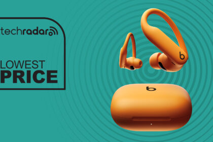 Beats Powerbeats Pro 2 orange on cyan background with TechRadar lowest price in black text