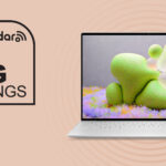 Dell XPS 13 on pink background with big savings text overlay